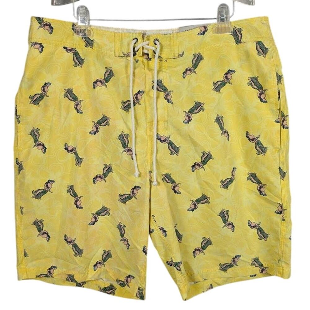 Madison Swim Trunks Mens XL Yellow Hula Girl Mesh Lining Back Pocket Beachy READ